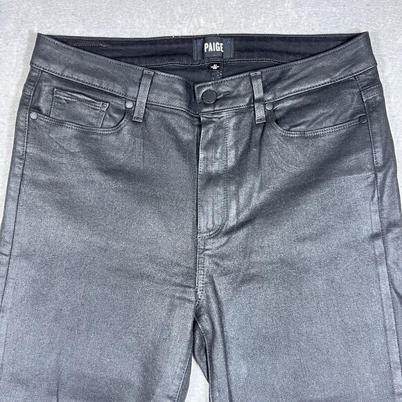PAIGE Jeans Women’s 31 Hoxton Ankle Peg Black Fog Luxe Wax Coating Leather - Picture 3 of 15